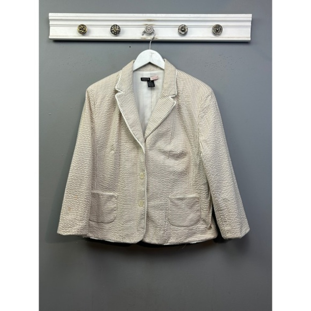 Blazer Womens 18 Tan White Seersucker Striped Rickrack Trim Beachy Coastal Prep